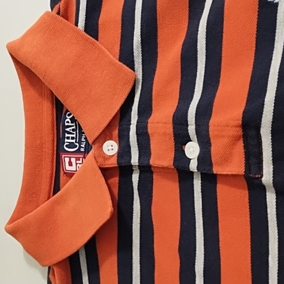 Chaps Men's Cotton Striped Polo Rugby Shirt in Orange Dark Navy Grey Stripes - Picture 6 of 13